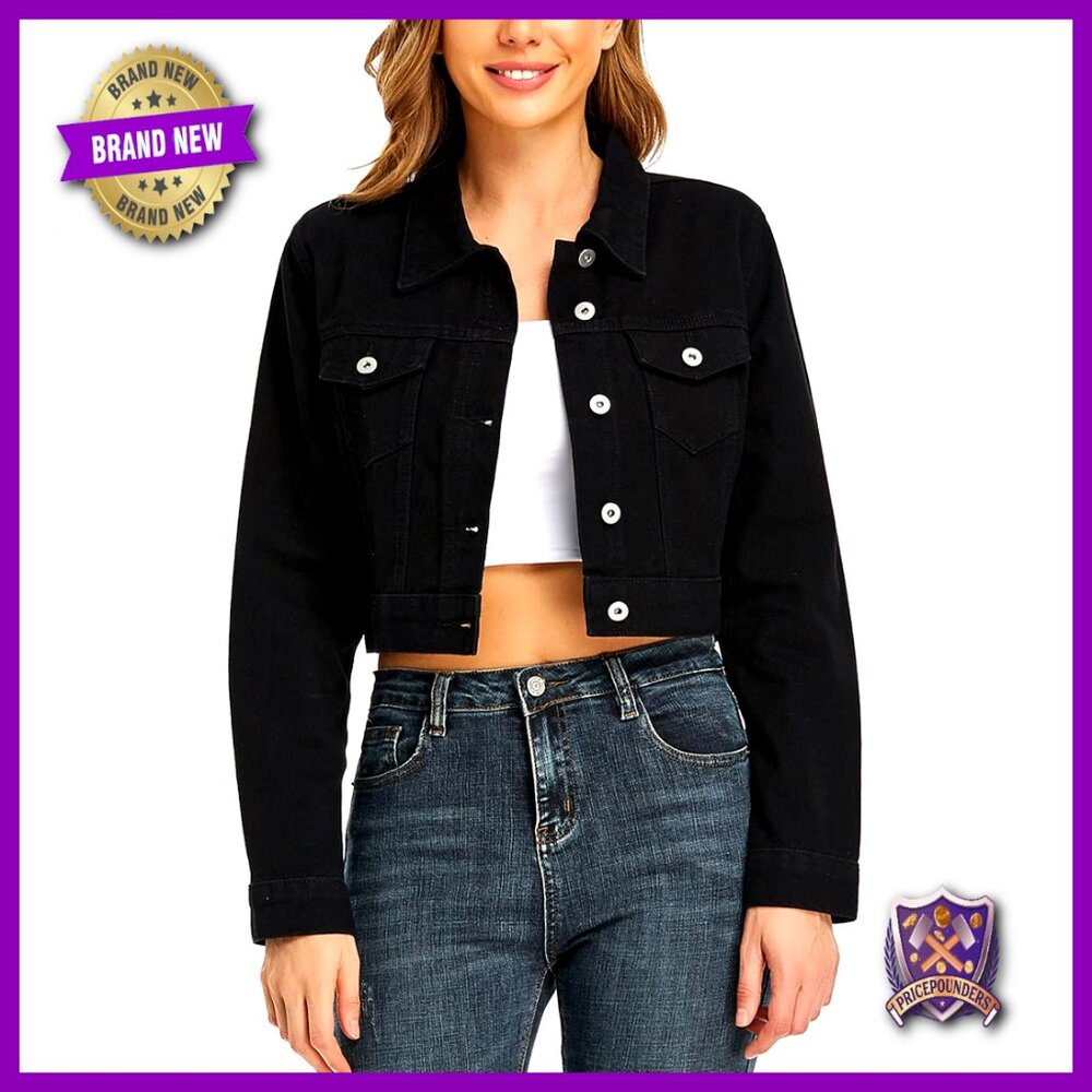 Cropped Denim Jacket Classic Retro Button Down Long Sleeve With Pockets